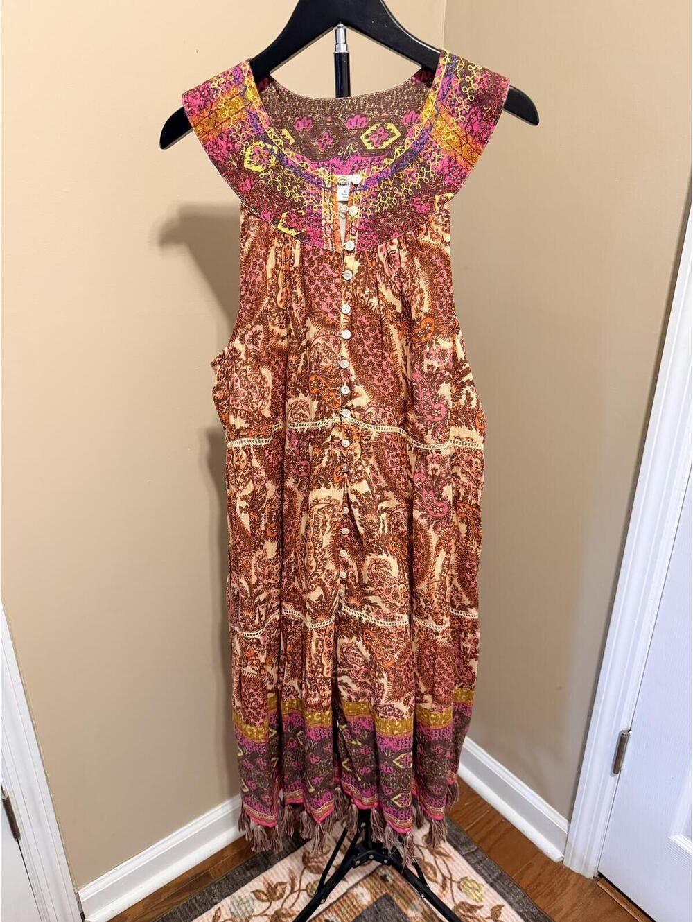 Sundance Boho Paisley Tassel Midi Dress Embroidered India Size L